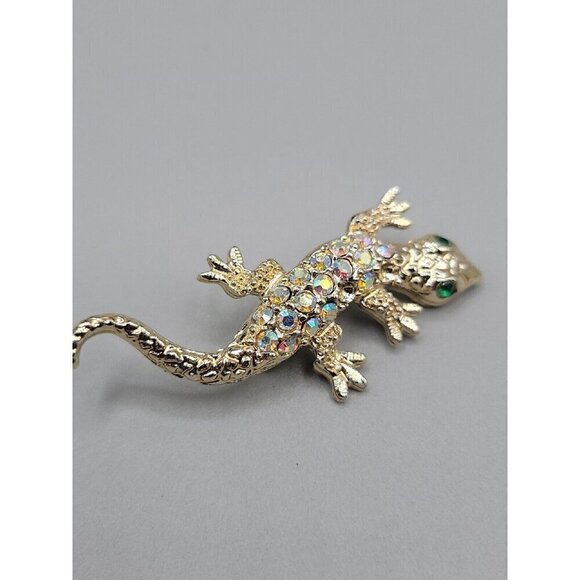 Vintage Gecko Lizard Brooch Pins Aurora Boreal Rhinestones Gold Tone Green Eyes - Picture 4 of 9